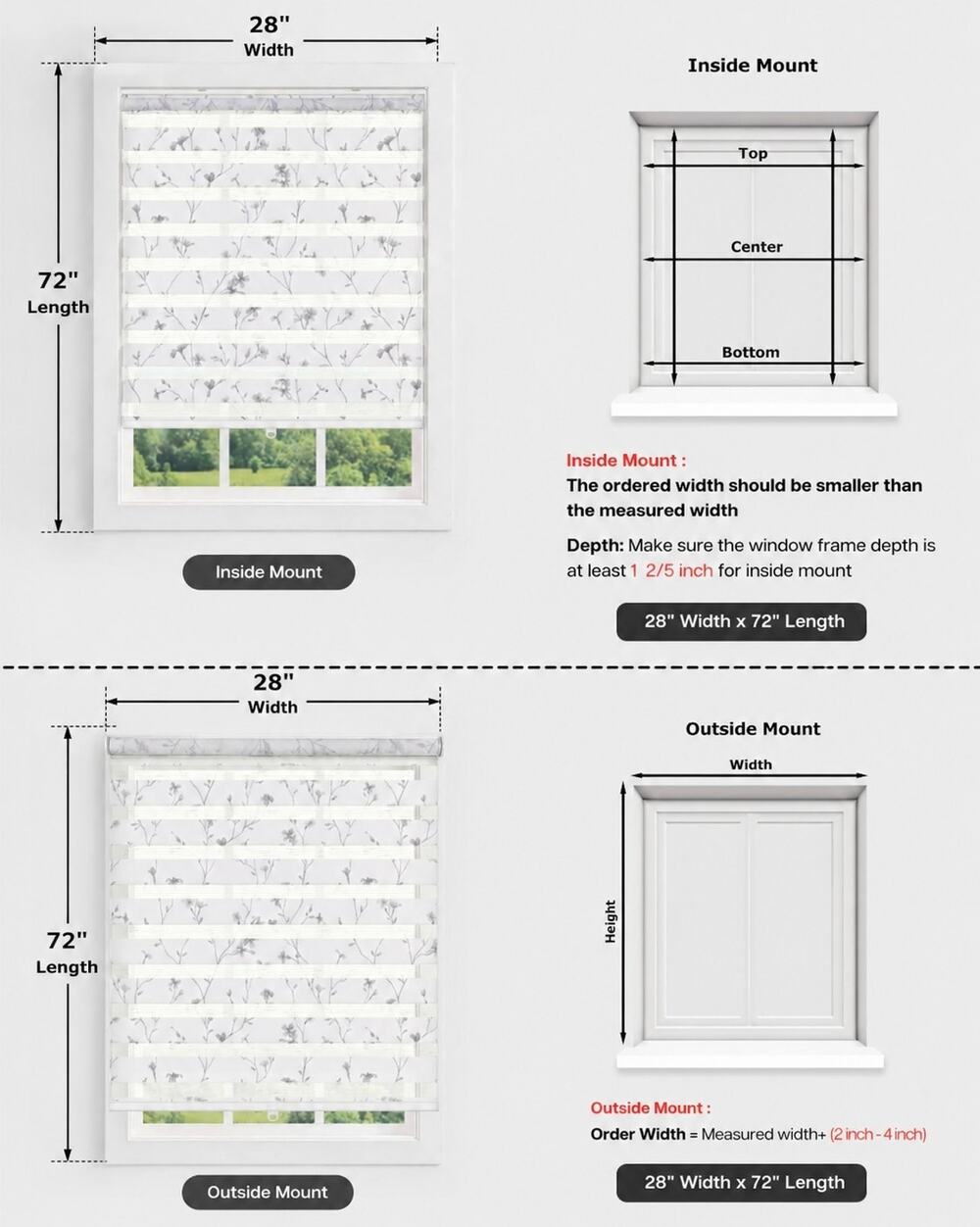 28" W x 72" L No Drill Cordless Zebra Shades Blinds for Windows Grey Bloom